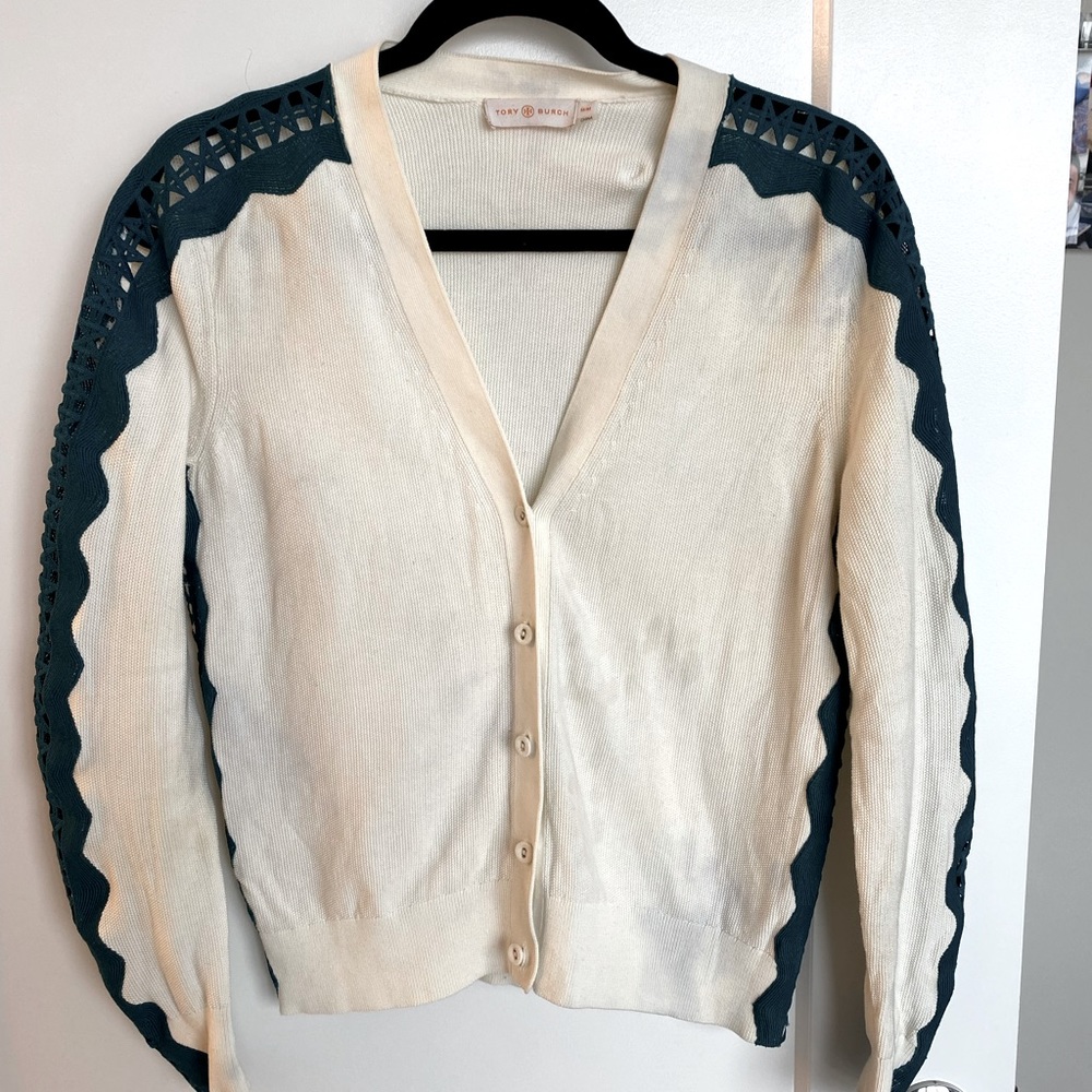 Tory Burch cardigan sweater. Cream and green size M